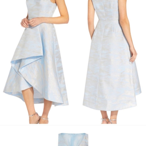 Adrianna Papell  Metallic Jacquard Dress Size 12 Blue Silver Hi-Lo Sleeveless - Picture 2 of 6